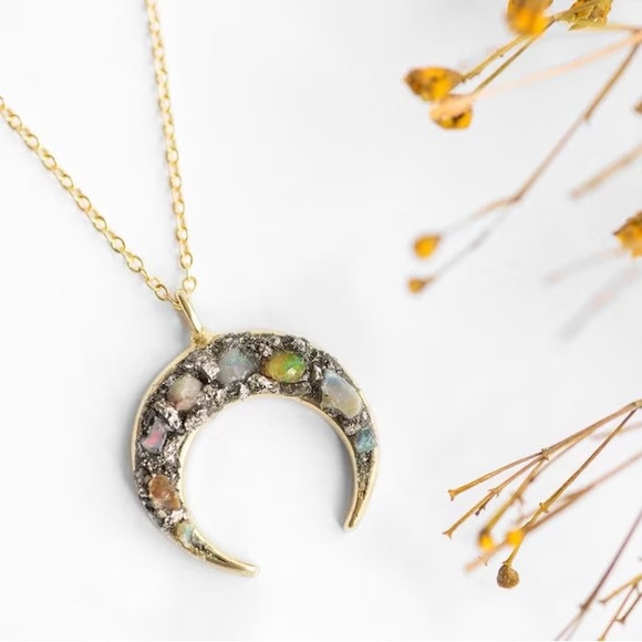 Handmade Opal Crescent Moon Pendant Necklace with natural gemstones - Picture 3 of 8